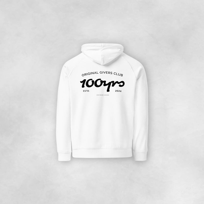 A white 100yrs hoodie with the Original Givers Club logo on the back